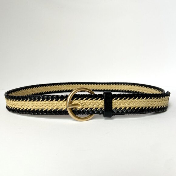 SANDRO WOMENS BELT WOVEN BLACK LEATHER GOLD BUCKLE SIZE 2 - Picture 1 of 7